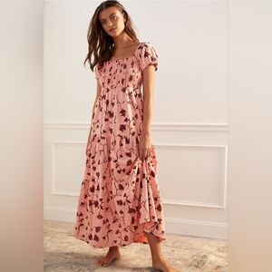 DAILY PRACTICE by ANTHROPOLOGIE Smocked Tiered Maxi Lounge Dress  M Pink Floral